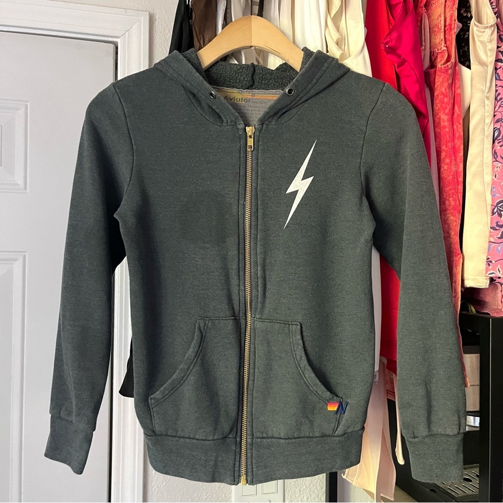 AVIATOR NATION grey kids cotton blend logo lightning zip up hoodie‎ sweater